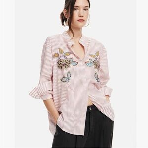 Desigual Embroidered Striped Button Down Mandarin Collar Top | Pink Stripe | M